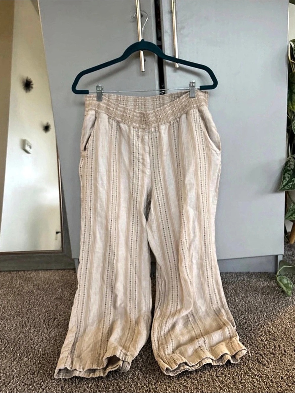BRIGGS Linen Blend Striped Wide Leg Pants Cream & Brown XL